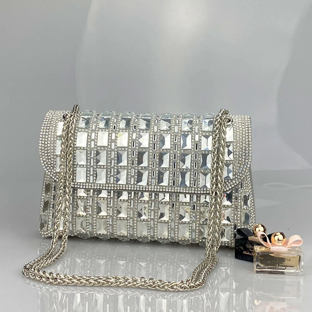 Shiny glass rhinestone chain clutch bag in horizontal square shape with open pocket