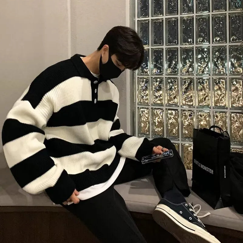 Men's loose striped pullover sweater coat in black or grey with long sleeves