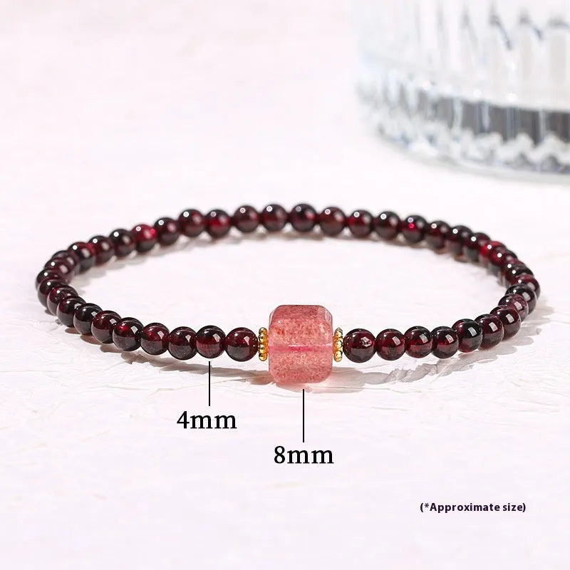 Natural garnet and strawberry quartz square bracelet with carved pixiu charms in purple and sand colours
