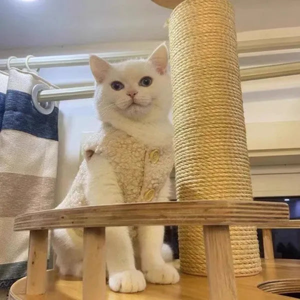 Apricot and brown lamb wool polar fleece cat winter vest showing front view on mannequin