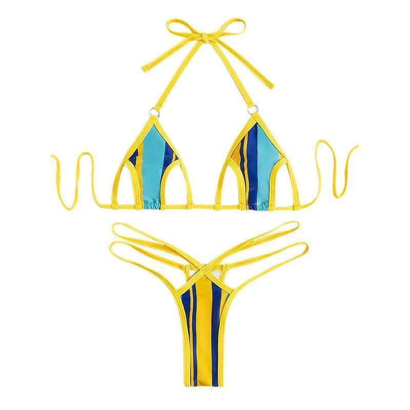 Yellow women's split swimsuit with backless hollow design and high-waist styling