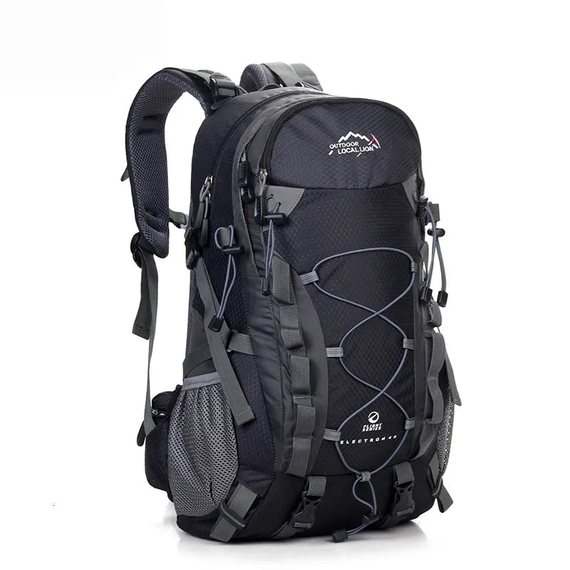 Green polyester outdoor sports backpack with 35L capacity for hiking and camping