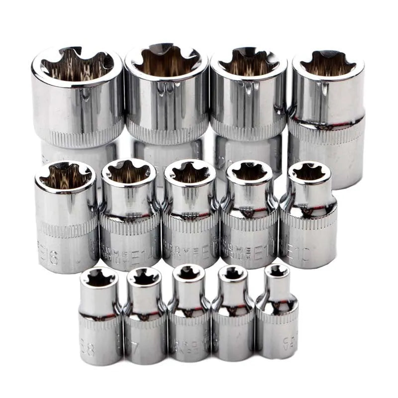 Red box containing a 14-piece chrome vanadium steel E-type socket set for auto and mechanical repair.