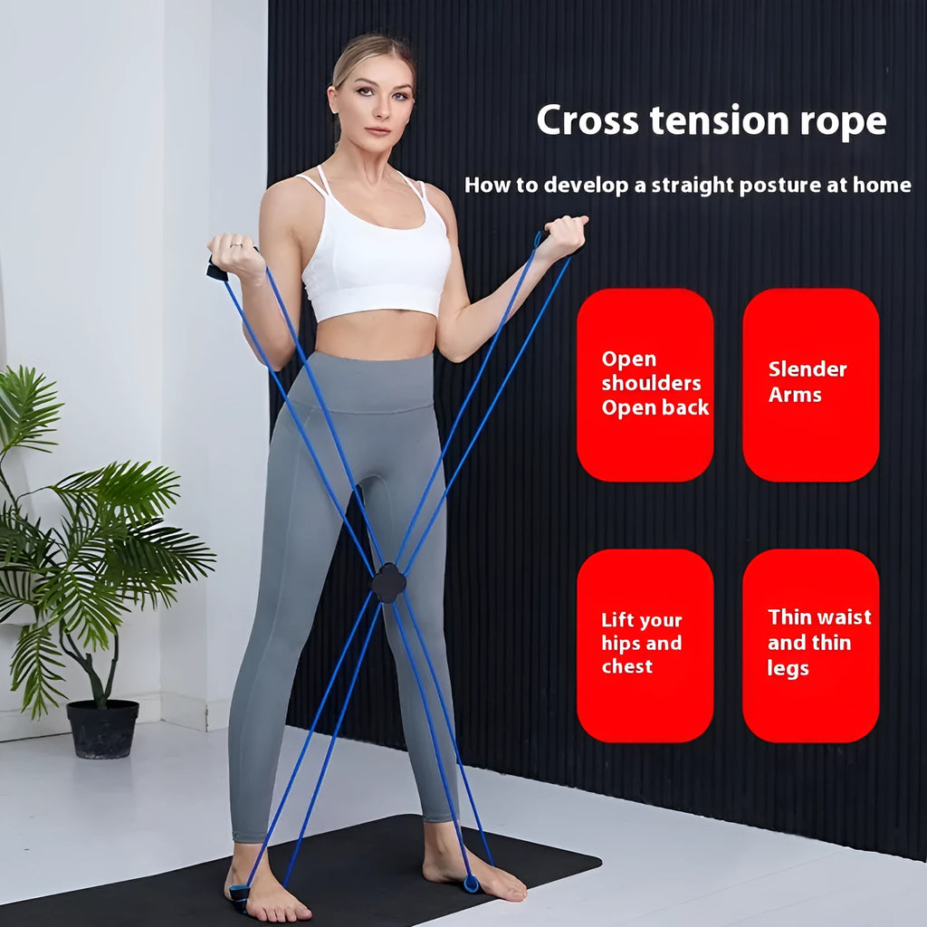 Blue or red eight-character shoulder fitness puller with TPR cross-tension device for female users.