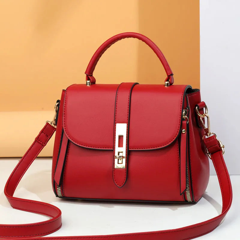 Soft PU leather women's messenger bag in a square vertical shape, shown in one of four colour options.