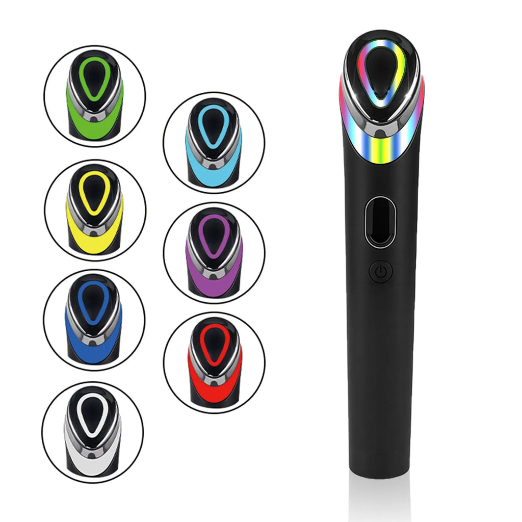 Black handheld facial massager with 7 colour light therapy and vibration functions