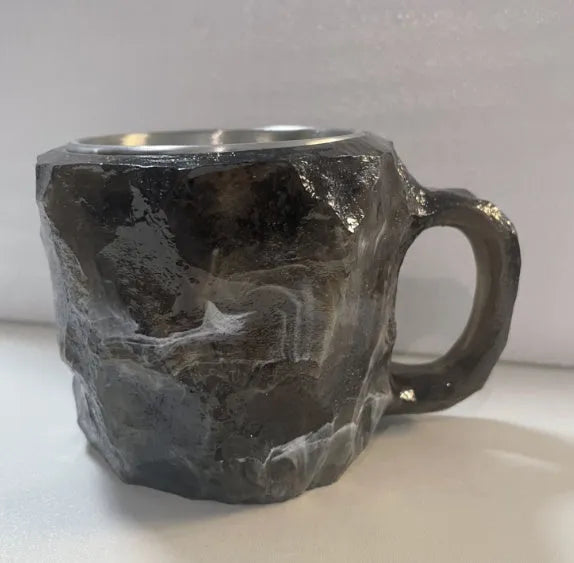 Purple resin mineral crystal coffee mug with handle showing 3D texture and 10cm height