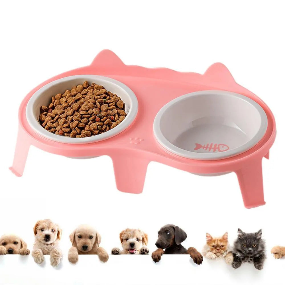 Blue ceramic cat food and water bowls on a white elevated plastic stand with hook design.