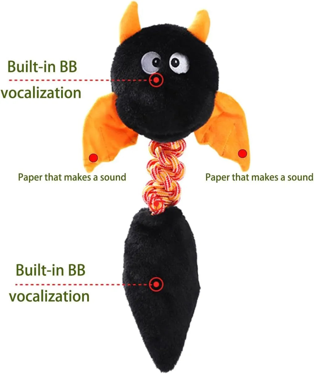 44cm long plush dog toy with squeaker and rope knot in rabbit fleece fabric
