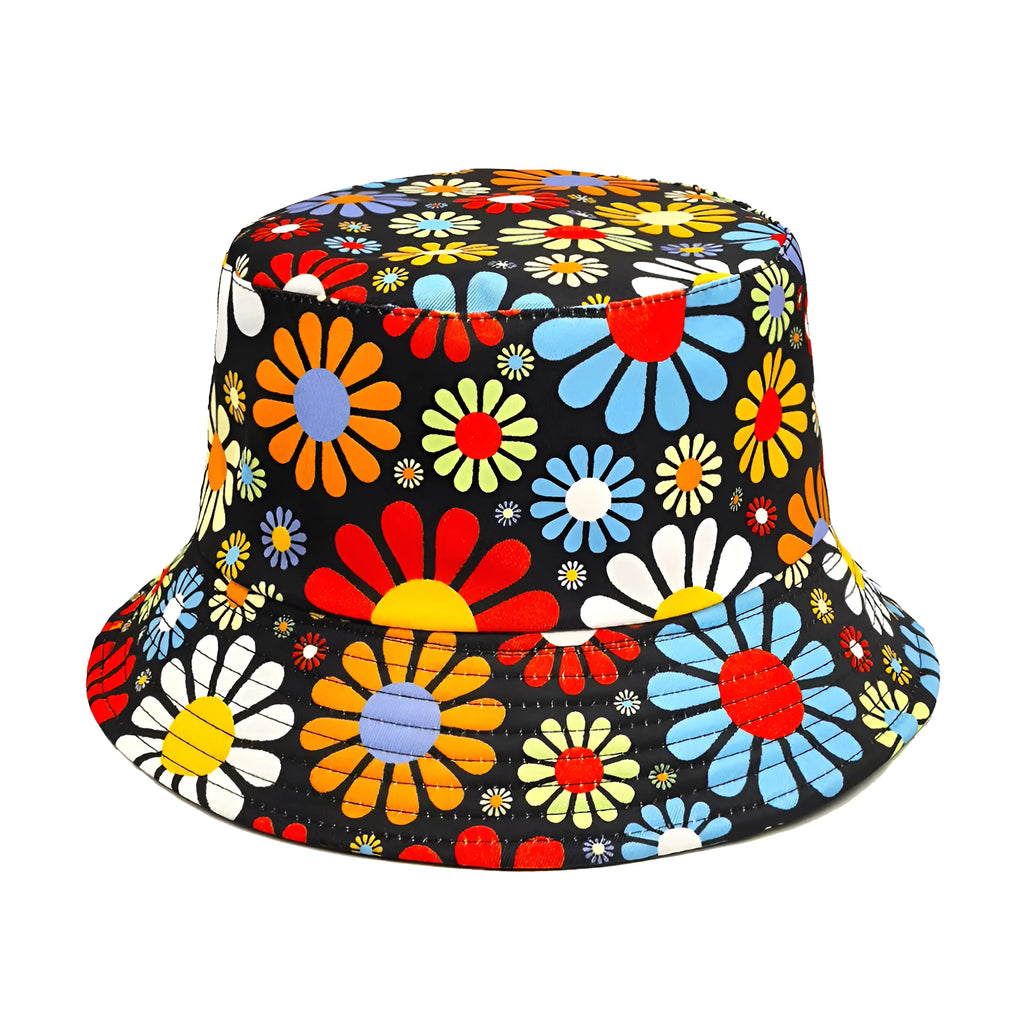 Colourful floral print polyester bucket hat with dome crown on white background