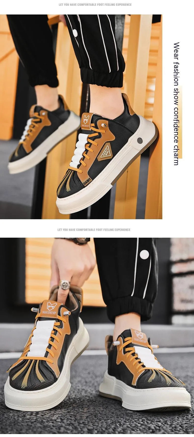 Men's beige low-top sneakers with elastic band and leather stitching on microfiber upper.