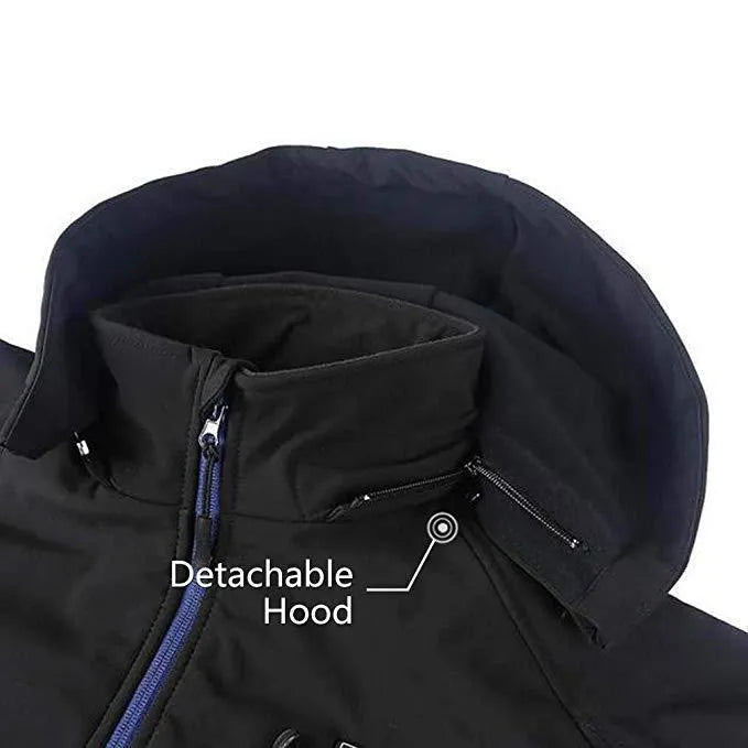 Black men's USB heating waterproof windproof winter coat with straight hem and long sleeves