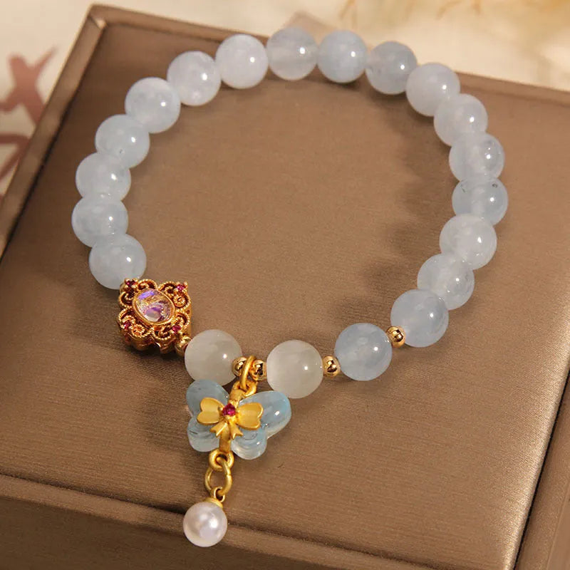 Women's aquamarine butterfly pendant bracelet with crystal rhinestones