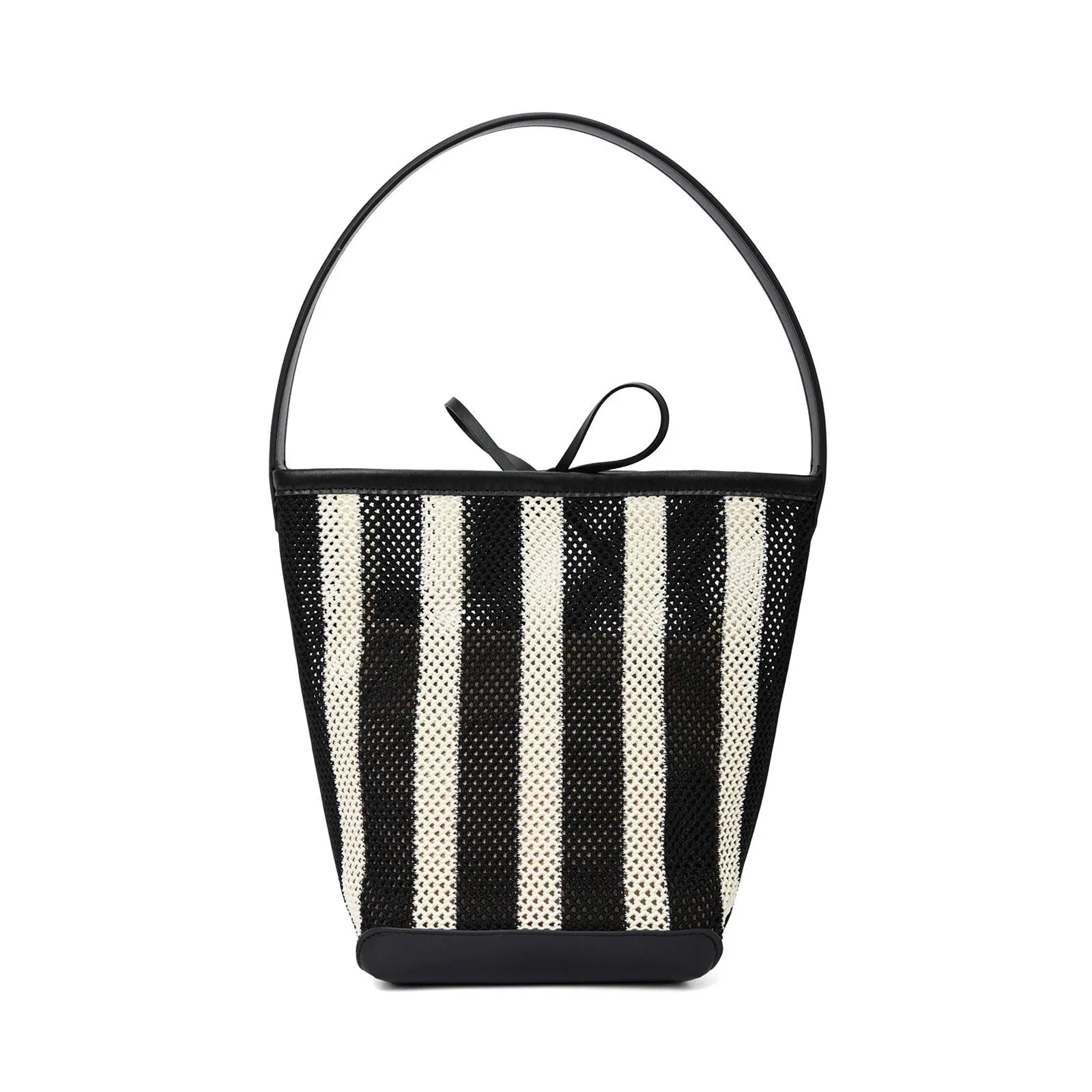 Black and white stripes woven fabric women's shoulder bag with bucket shape