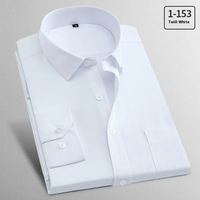 Men's long sleeved flax shirt for business casual wear, shown in pink diagonal and red plain colour options.