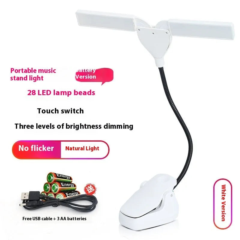 Black rechargeable music stand lamp with 28 LEDs clipped to a metal music stand.