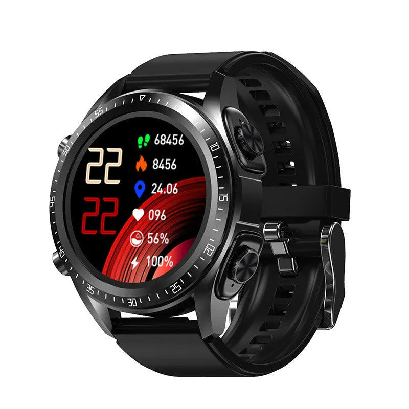 Black smart watch with 1.28-inch screen showing health metrics, silicone strap, includes TWS earphones
