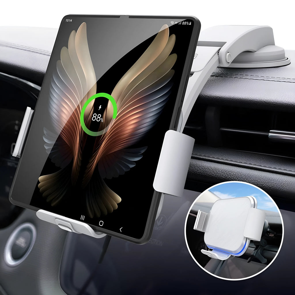 Grey wireless charging car phone holder with folding screen showing air vent clip and suction cup mounting options