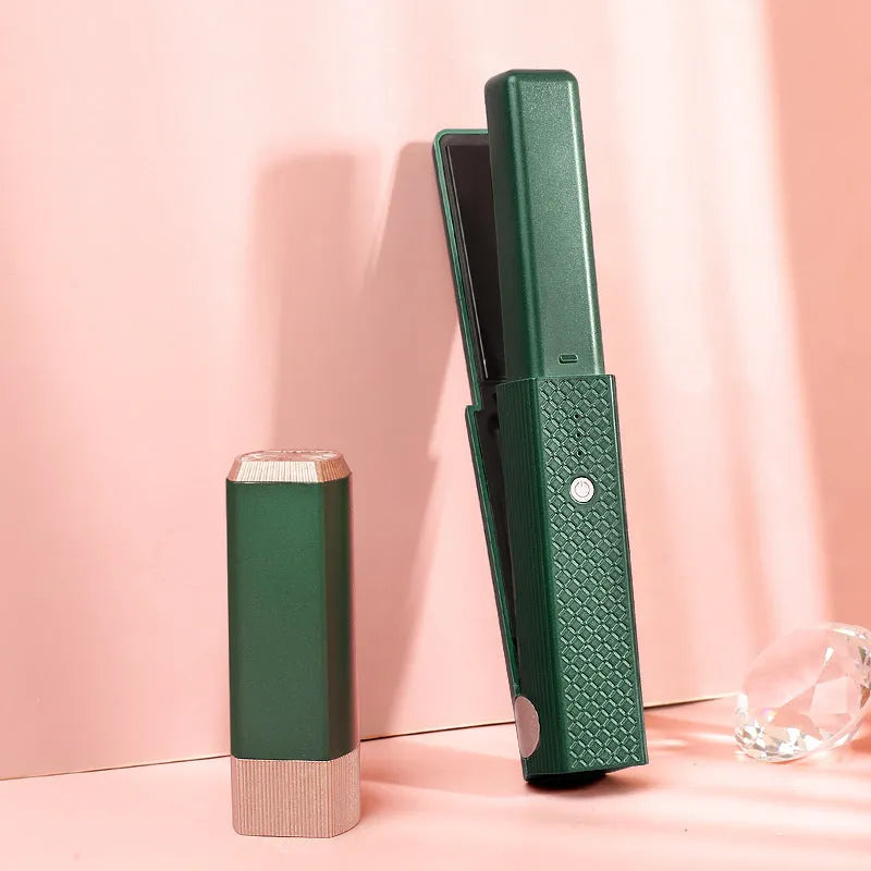 Pink cordless USB hair straightener with ceramic plates on a white background.