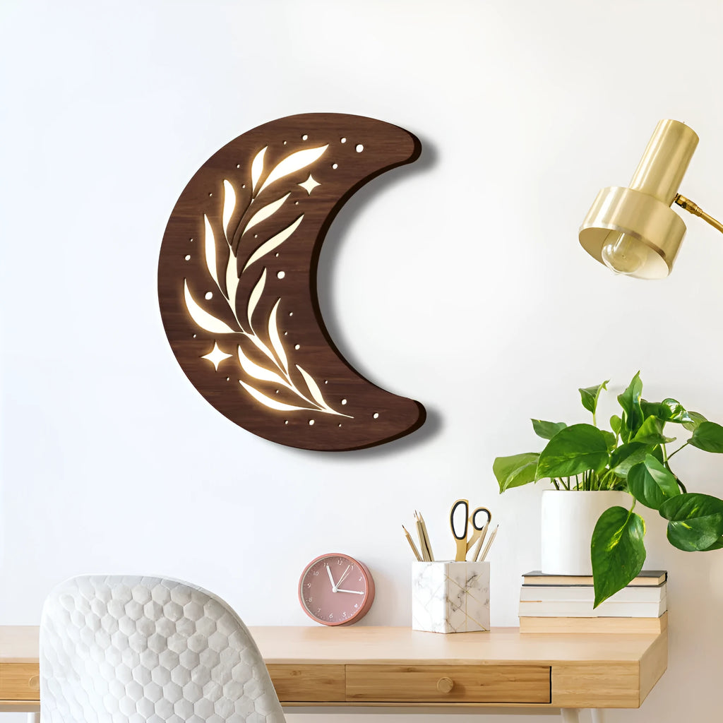 Three-dimensional wooden leaf crescent pendant lamp in MZ212 colour with luminous night light