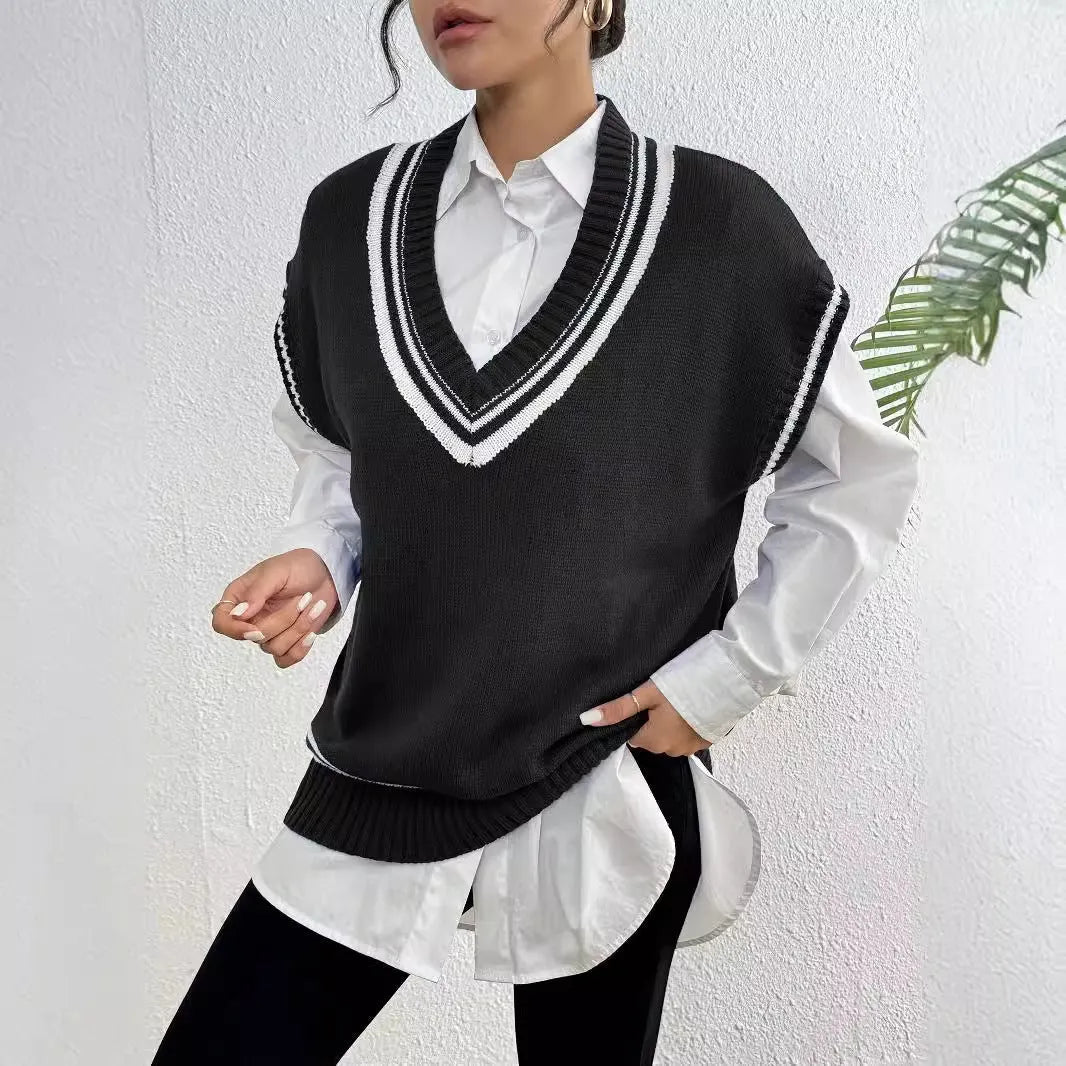 Women's loose fit wool blend vest sweater in college style with pullover design