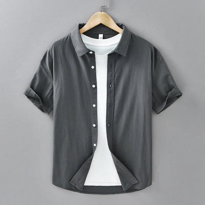 Men's light grey short sleeve cotton shirt with cardigan style and loose fit for summer casual wear