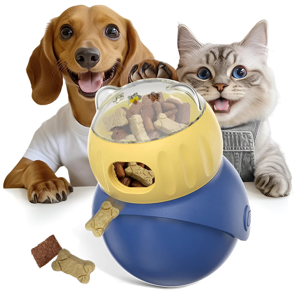 Yellow and blue plastic tumbler owl cat puzzle feeder for self-service food dispensing.