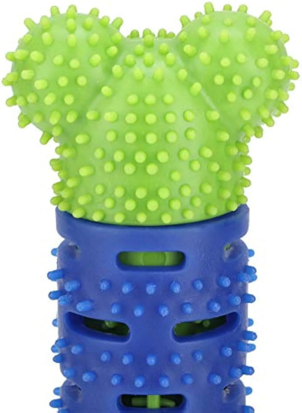 Blue green dog dental cleaning toy stick measuring 25 cm with silicone brush core and massage nodules