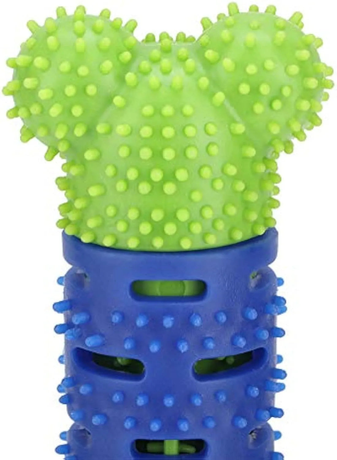 Blue green dog dental cleaning toy stick measuring 25 cm with silicone brush core and massage nodules