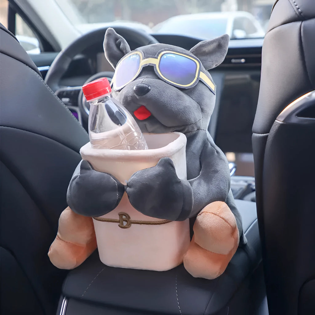 Plush fabric car tissue box with character design hanging from vehicle armrest
