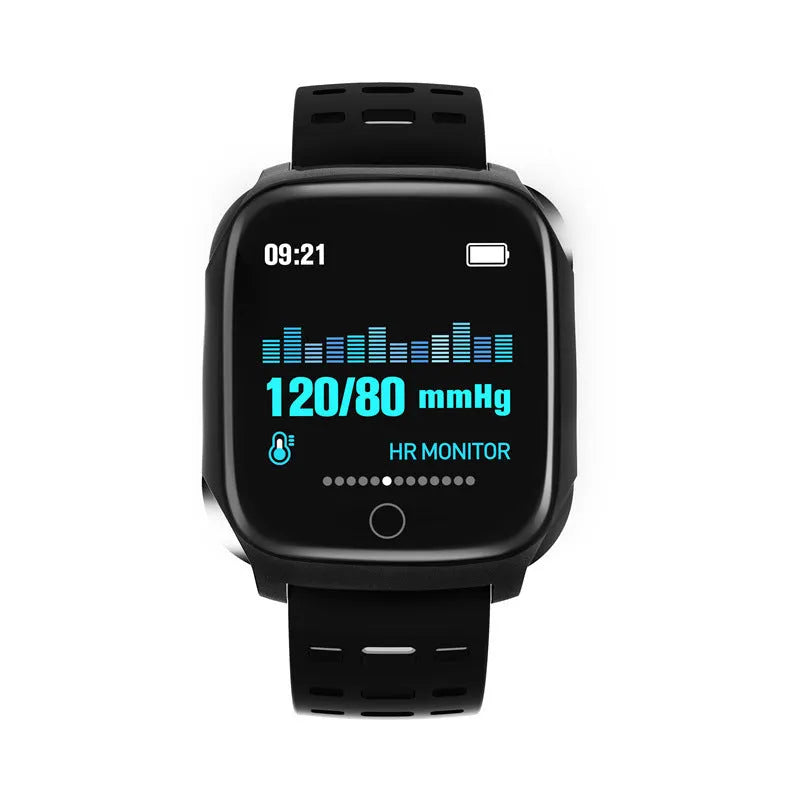 F16 smart watch with ECG monitor on a silicone wristband, showing the 43mm IPS touchscreen display.