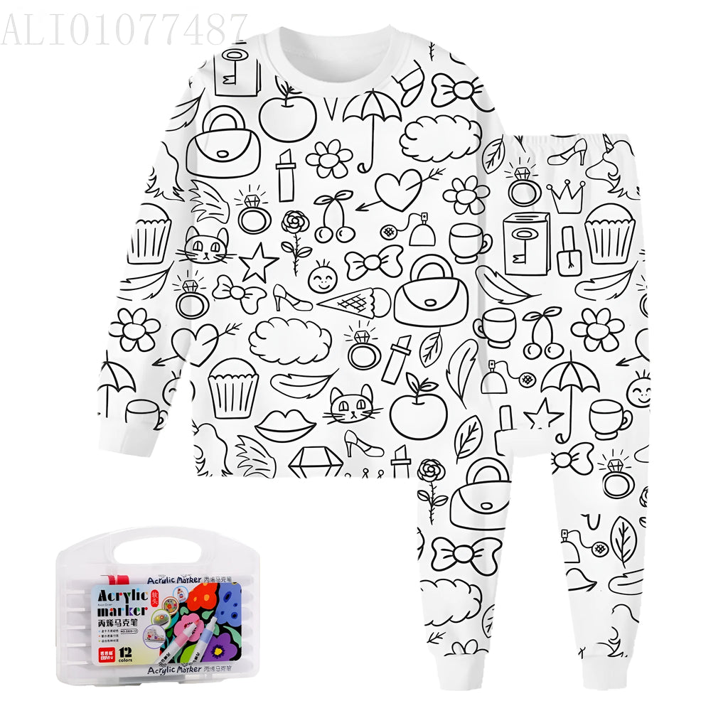 Children's cartoon printed long-sleeved T-shirt and trousers two-piece home wear suit in white with dinosaur pattern