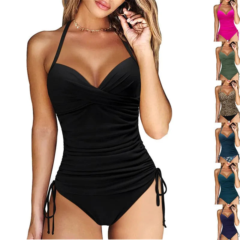 Women's solid colour high-waisted one-piece swimsuit in nylon fabric.