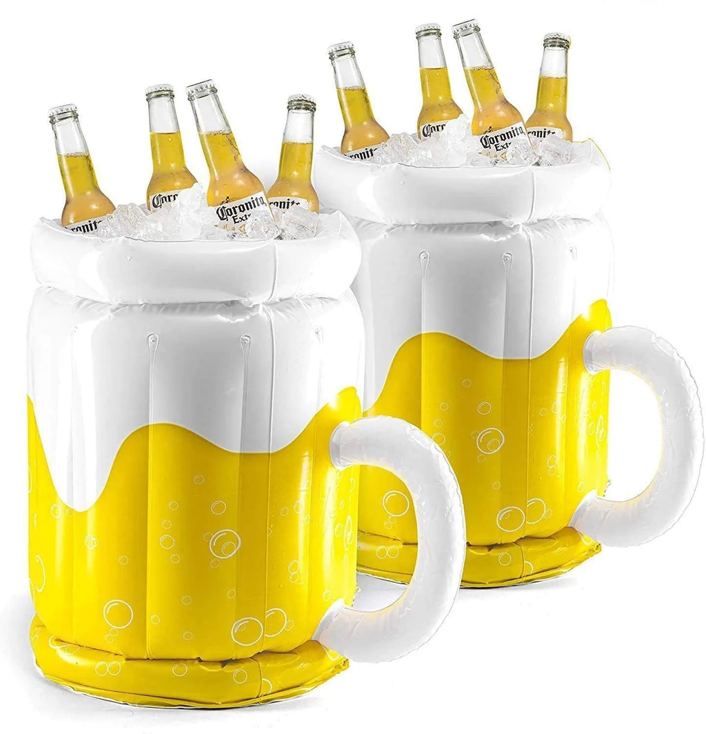 Large yellow inflatable beer mug drink cooler floating in a swimming pool.