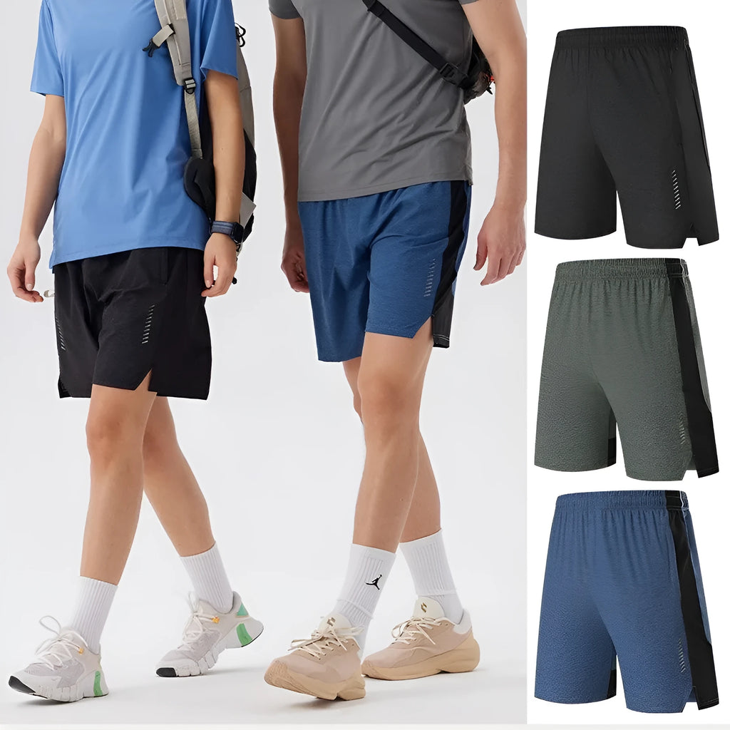 Man wearing forest green spandex five-point casual shorts, showing mid-waist fit and shorts length.