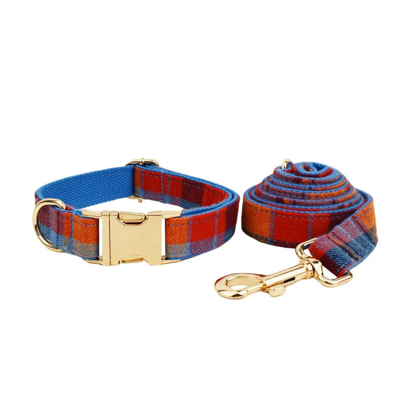 Blue velvet plaid cloth dog collar and leash set with optional bow accessory in XS to XL sizes