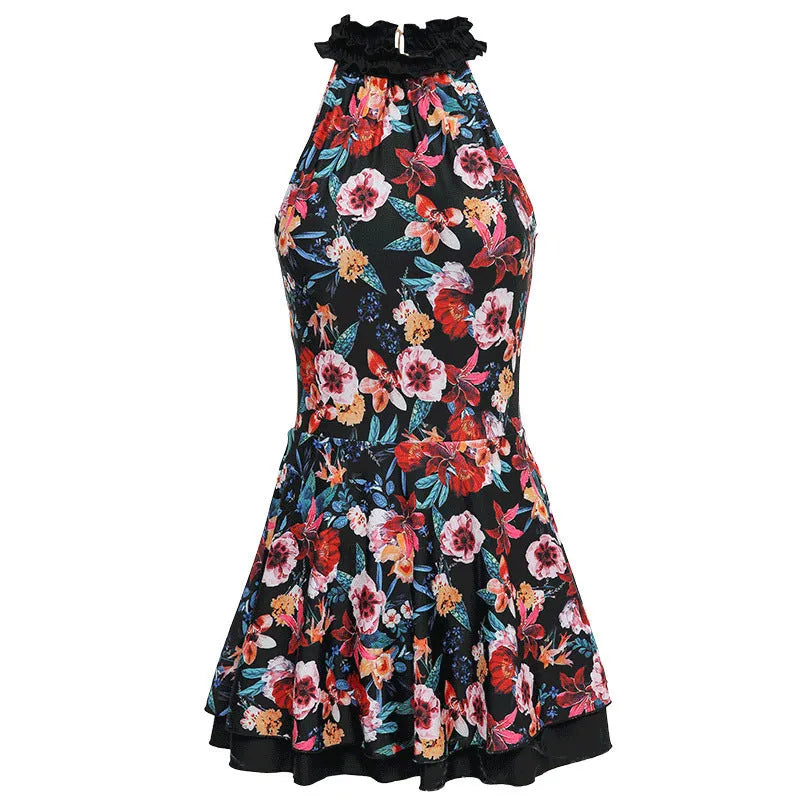 Black printed one-piece swimsuit for women on a mannequin