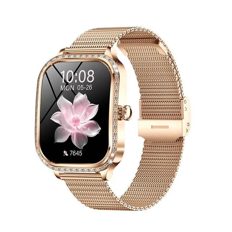 MK88 women's smart watch in gold steel finish with TFT screen, Bluetooth calling, and health sensors