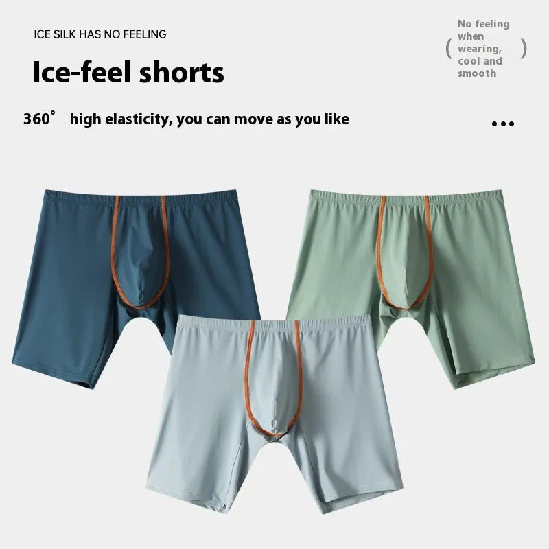Men's mid-waist ice silk boxer underwear in black colour showing U-convex body shaping design