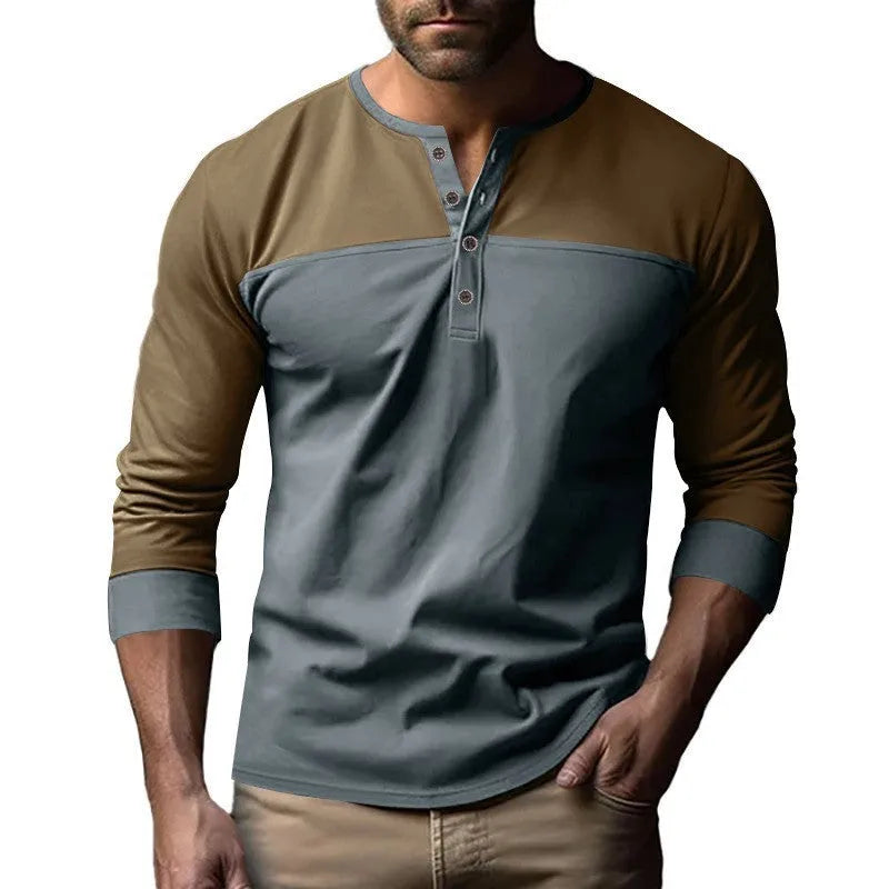 Men's solid colour long-sleeve casual shirt with a henley collar, shown in a brown tone.