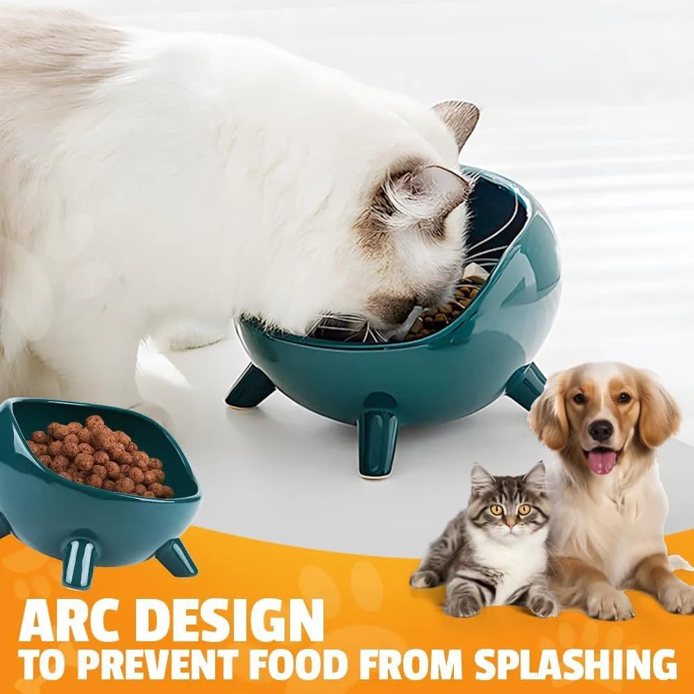 Green ceramic pet bowl with four legs and a rounded rim for stability and spill control.