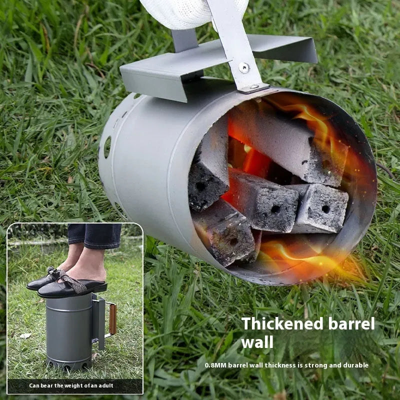 Zinc-iron alloy charcoal oven igniter with a carbon barrel style design for outdoor BBQs.