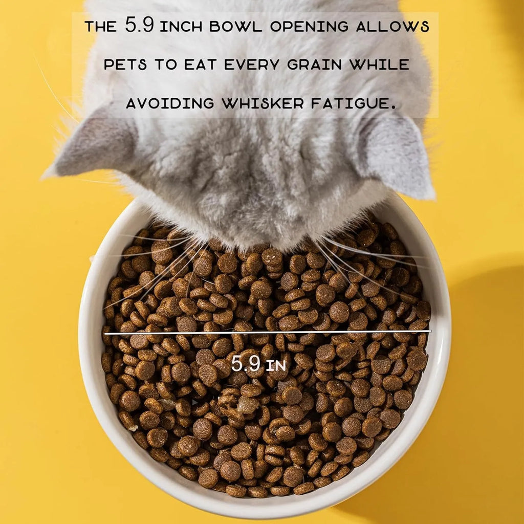 Ceramic raised cat bowl with animal design showing 12.5 cm height and 15 cm width