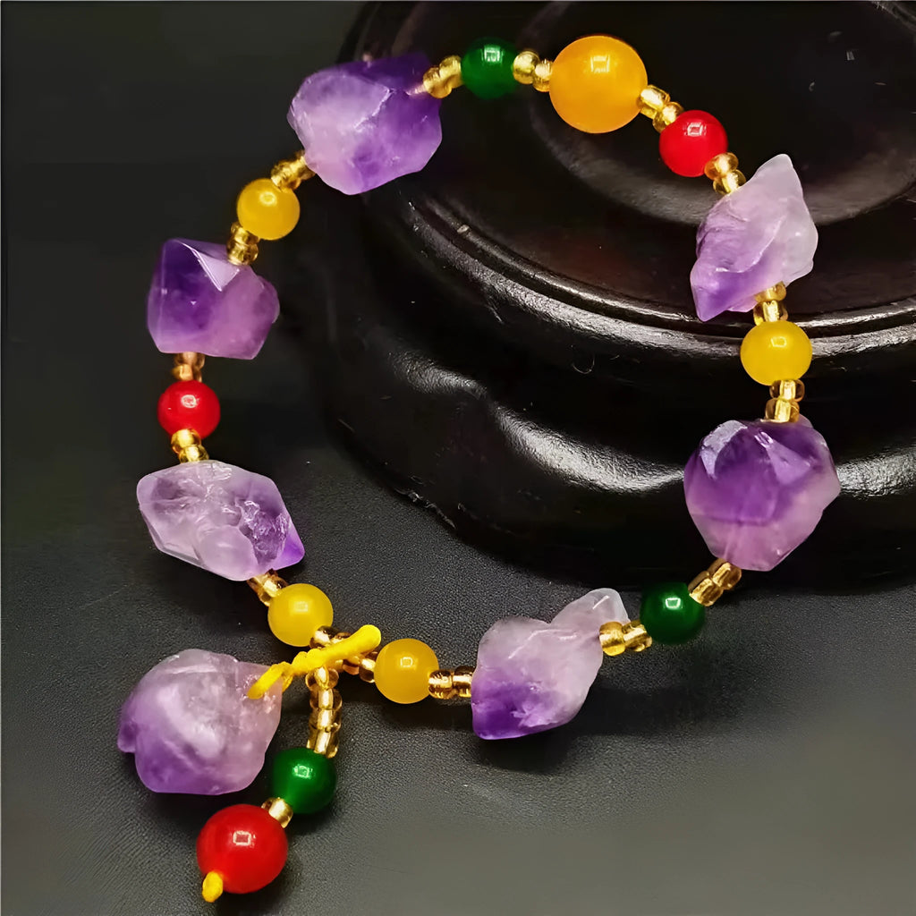 Natural shaped amethyst bead bracelet with traditional fu character charm for women