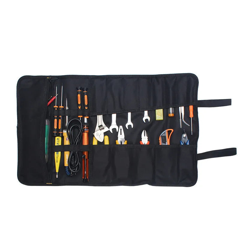 Brown Oxford cloth electrician storage bag reel mounted on wall with tools inside