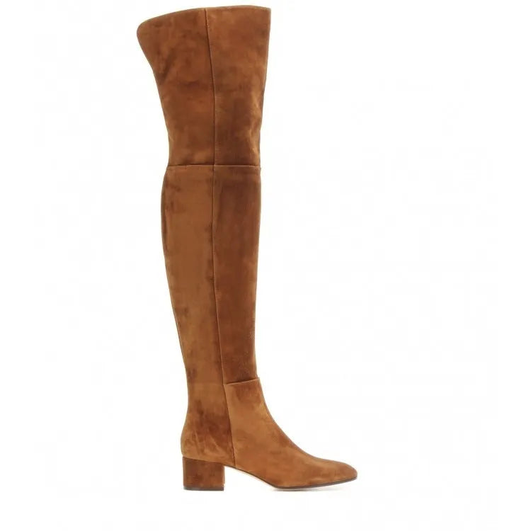 Grey suede women's flat over-the-knee boots with a pointed toe and thick low heel