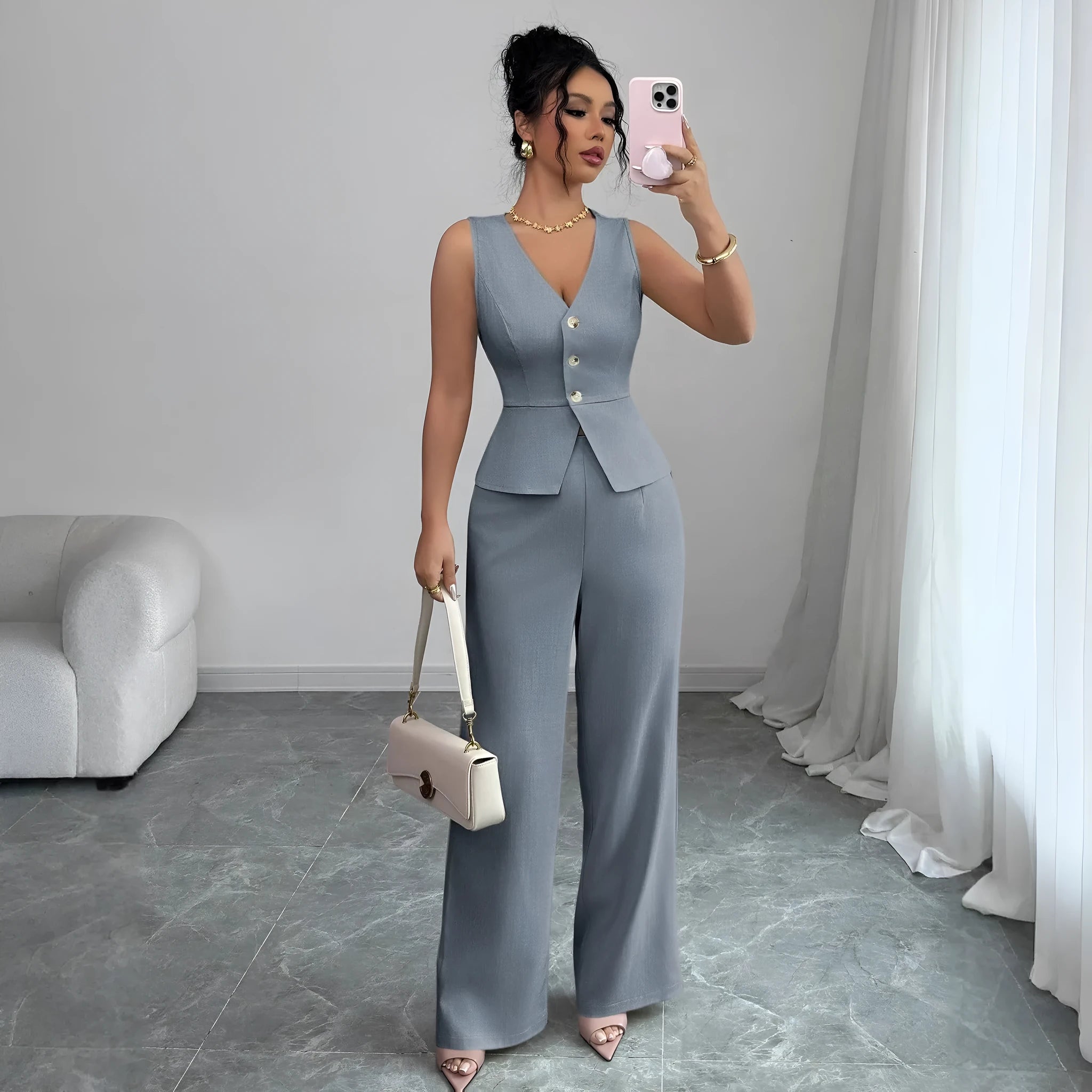 Women's sleeveless vest and high waist trousers two-piece set in solid colour