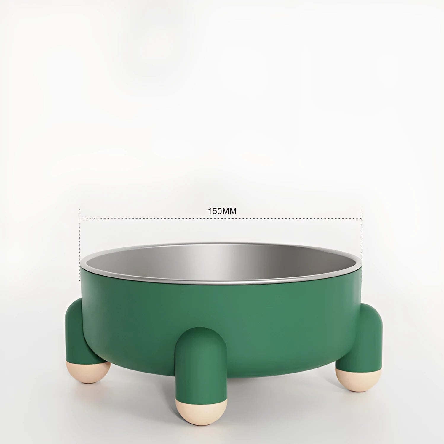 Green stainless steel pet bowl with non-slip base and high foot on a kitchen floor.