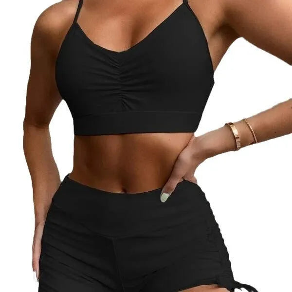 Women's high waisted split leg bikini swimsuit in black or purple colours