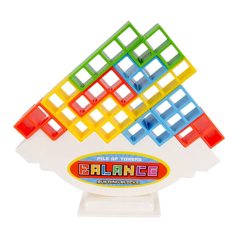 Plastic balance stacking game with colourful blocks, chassis, and base in packaging.